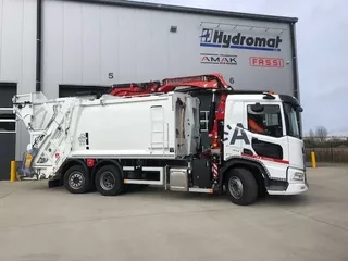 DAF XD DAF XD 410 FAN Traxon, Kraantrechterwagen, VDK Pusher 4000L 17m&sup3; L + FASSI F235A.2.23 E-Dynamic + CB 011 + AE 67 Weighing + GEO 20 blok 3 armen + Brigade 360&deg; camera met 4HD 10" monitor 360 zicht + achterzicht